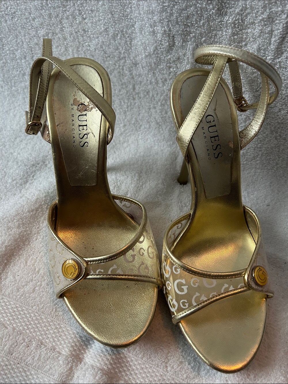 Guess Metallic Gold Logo Strap High Heel Sandals